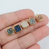 Gold Plated Bezel Square Natural Agate Titanium Druzy Charm Pendant, For Jewelry Making ZG0141