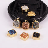 Gold Plated Bezel Square Natural Agate Titanium Druzy Charm Pendant, For Jewelry Making ZG0141