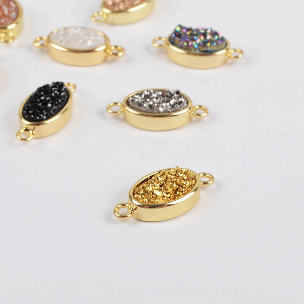 Oval Gold Plated Bezel Natural Agate Titanium Druzy Connector, For Jewelry Making ZG0142