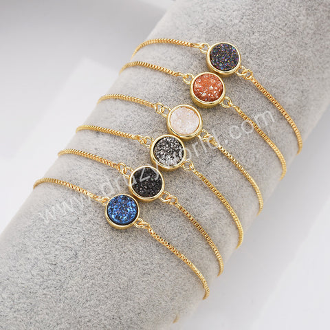 Round Gold Plated Bezel Titanium Rainbow Druzy Adjustable Bracelet ZG0152-B
