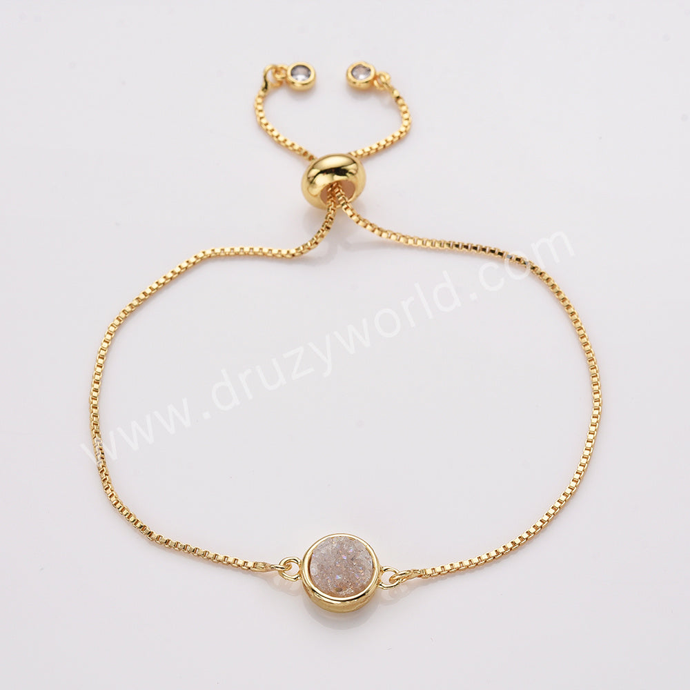 Round Gold Plated Bezel Titanium Rainbow Druzy Adjustable Bracelet ZG0152-B