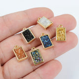 Gold Plated Bezel Rectangle Natural Agate Titanium Druzy Charm Pendant ZG0153
