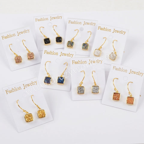 Gold Plated Bezel Square Rainbow Titanium Agate Druzy Earrings ZG0158