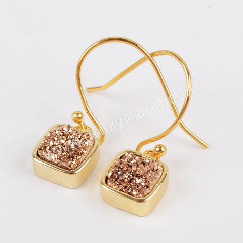 Gold Plated Bezel Square Rainbow Titanium Agate Druzy Earrings ZG0158