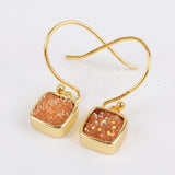 Gold Plated Bezel Square Rainbow Titanium Agate Druzy Earrings ZG0158