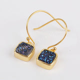 Gold Plated Bezel Square Rainbow Titanium Agate Druzy Earrings ZG0158