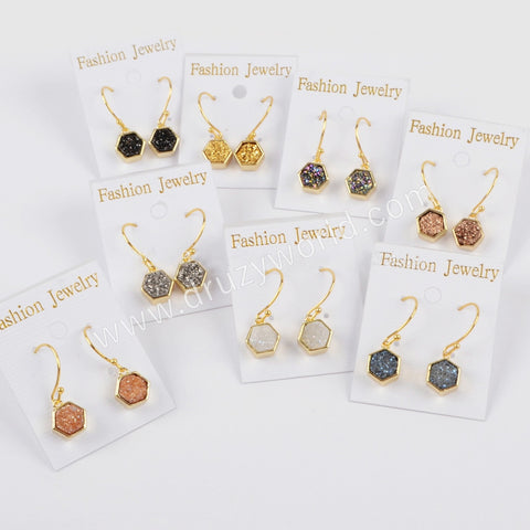 Hexagon Gold Plated Bezel Rainbow Titanium Druzy Earrings ZG0159