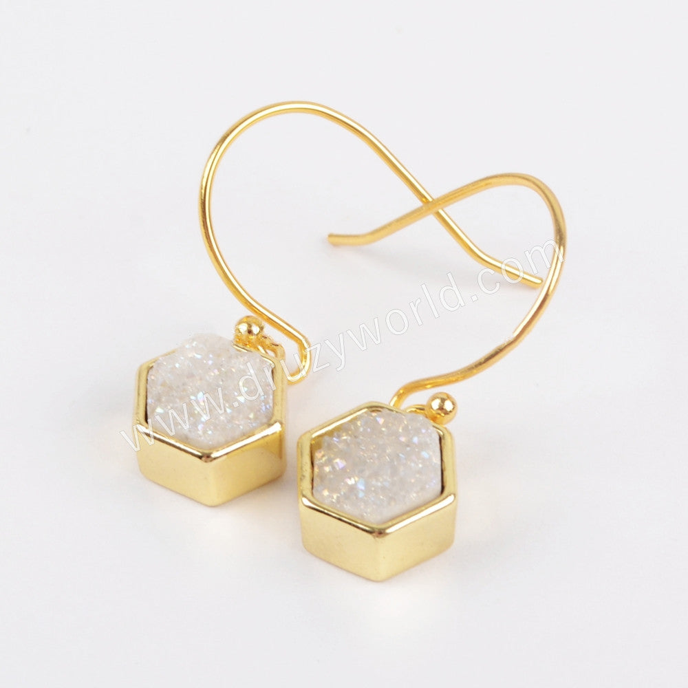 Hexagon Gold Plated Bezel Rainbow Titanium Druzy Earrings ZG0159