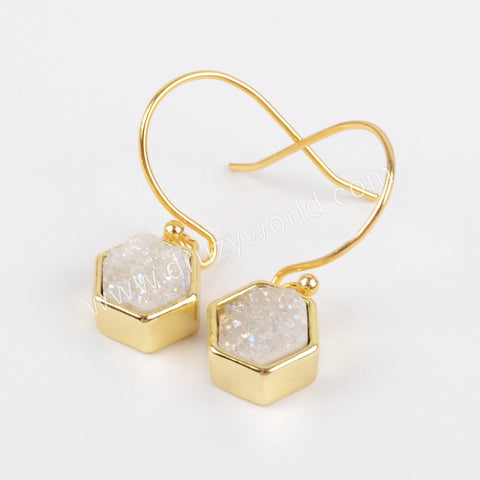 Hexagon Gold Plated Bezel Rainbow Titanium Druzy Earrings ZG0159