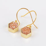 Hexagon Gold Plated Bezel Rainbow Titanium Druzy Earrings ZG0159
