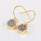 Hexagon Gold Plated Bezel Rainbow Titanium Druzy Earrings ZG0159