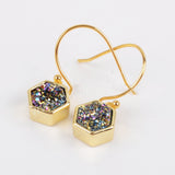 Hexagon Gold Plated Bezel Rainbow Titanium Druzy Earrings ZG0159