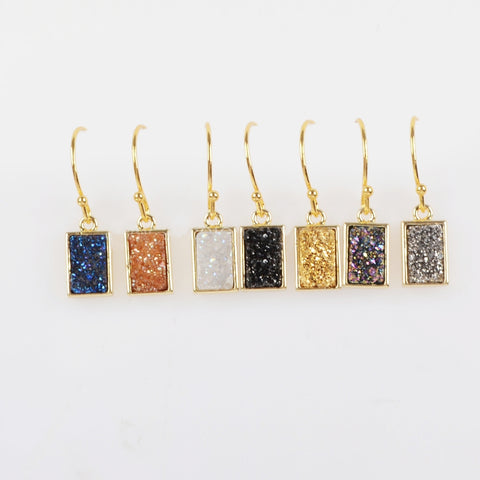 Gold Plated Bezel Rectangle Natural Agate Titanium Druzy Geode Earrings ZG0161