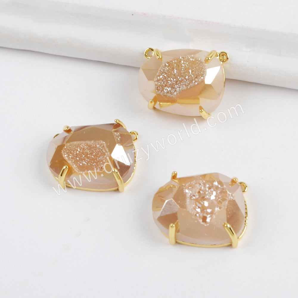 Egg Shape Gold Plated Claw Rainbow Titanium Druzy Faceted Connector ZG0315