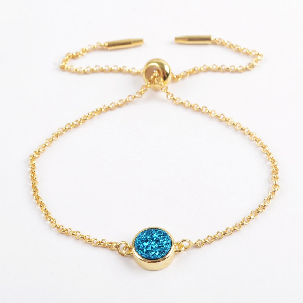 Adjustable Gold Plated Bezel Round Rainbow Titanium Natural Druzy Bracelet ZG0368