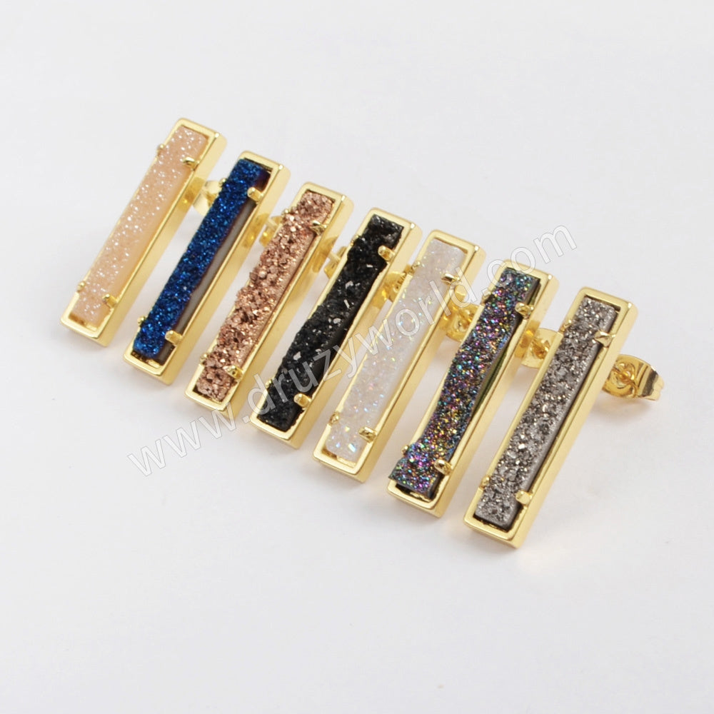 Gold Plated Bezel Rectangle Natural Agate Titanium Druzy Bar Earrings ZG0409