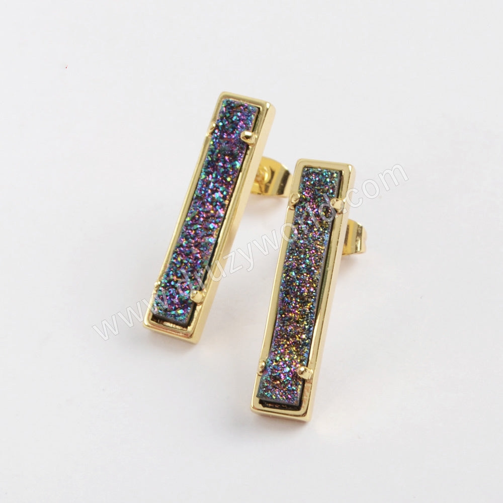 Gold Plated Bezel Rectangle Natural Agate Titanium Druzy Bar Earrings ZG0409