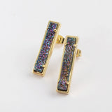 Gold Plated Bezel Rectangle Natural Agate Titanium Druzy Bar Earrings ZG0409