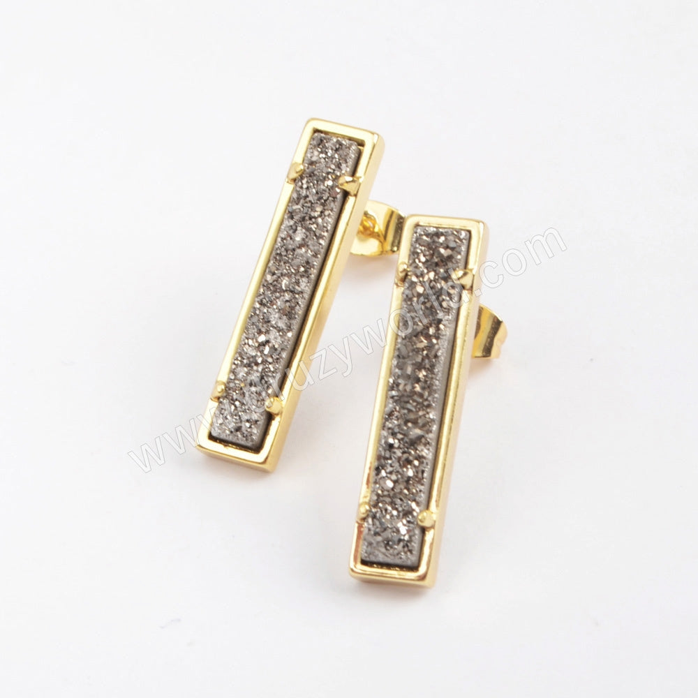Gold Plated Bezel Rectangle Natural Agate Titanium Druzy Bar Earrings ZG0409