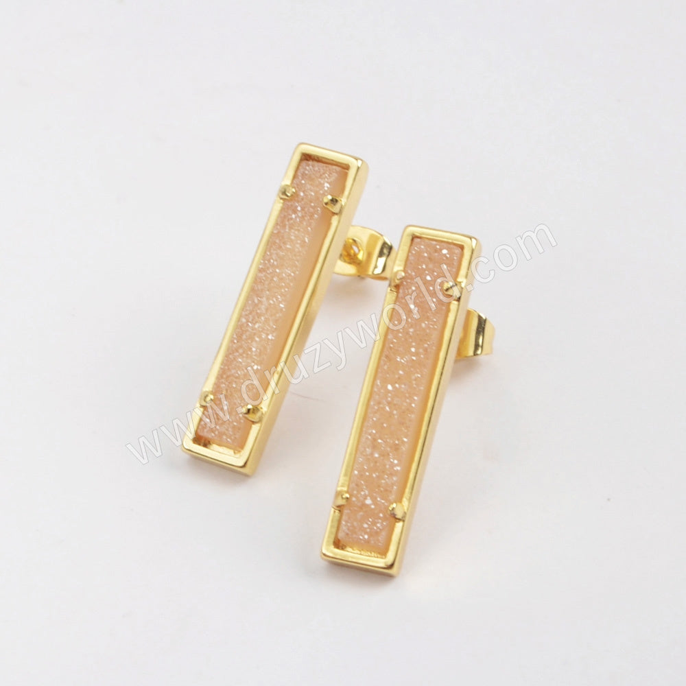 Gold Plated Bezel Rectangle Natural Agate Titanium Druzy Bar Earrings ZG0409