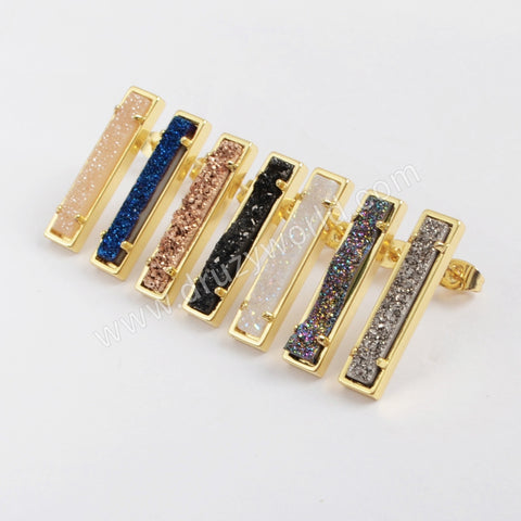 Gold Plated Bezel Rectangle Natural Agate Titanium Druzy Bar Earrings ZG0409