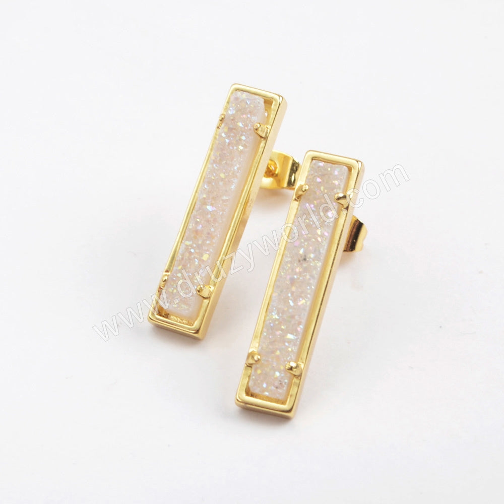 Gold Plated Bezel Rectangle Natural Agate Titanium Druzy Bar Earrings ZG0409
