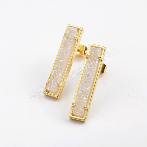 Gold Plated Bezel Rectangle Natural Agate Titanium Druzy Bar Earrings ZG0409