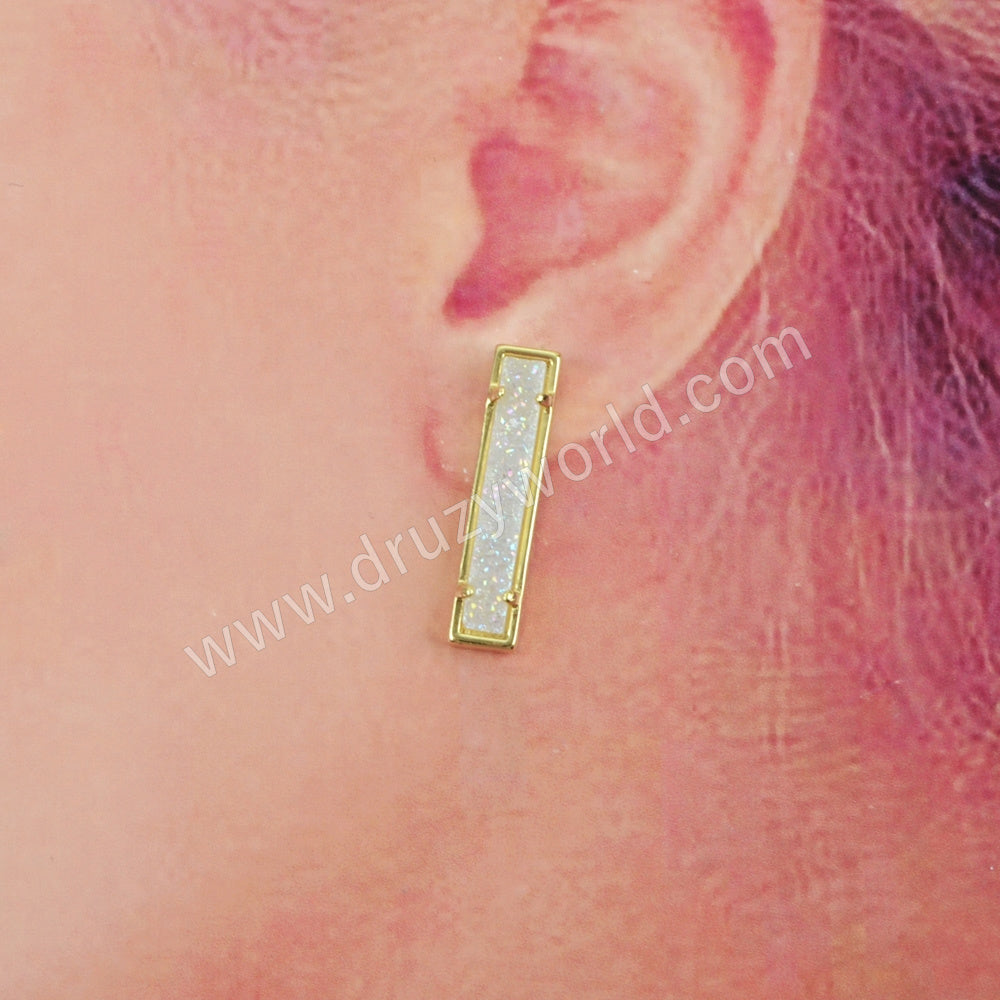 Gold Plated Bezel Rectangle Natural Agate Titanium Druzy Bar Earrings ZG0409