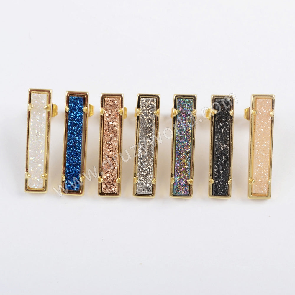 Gold Plated Bezel Rectangle Natural Agate Titanium Druzy Bar Earrings ZG0409