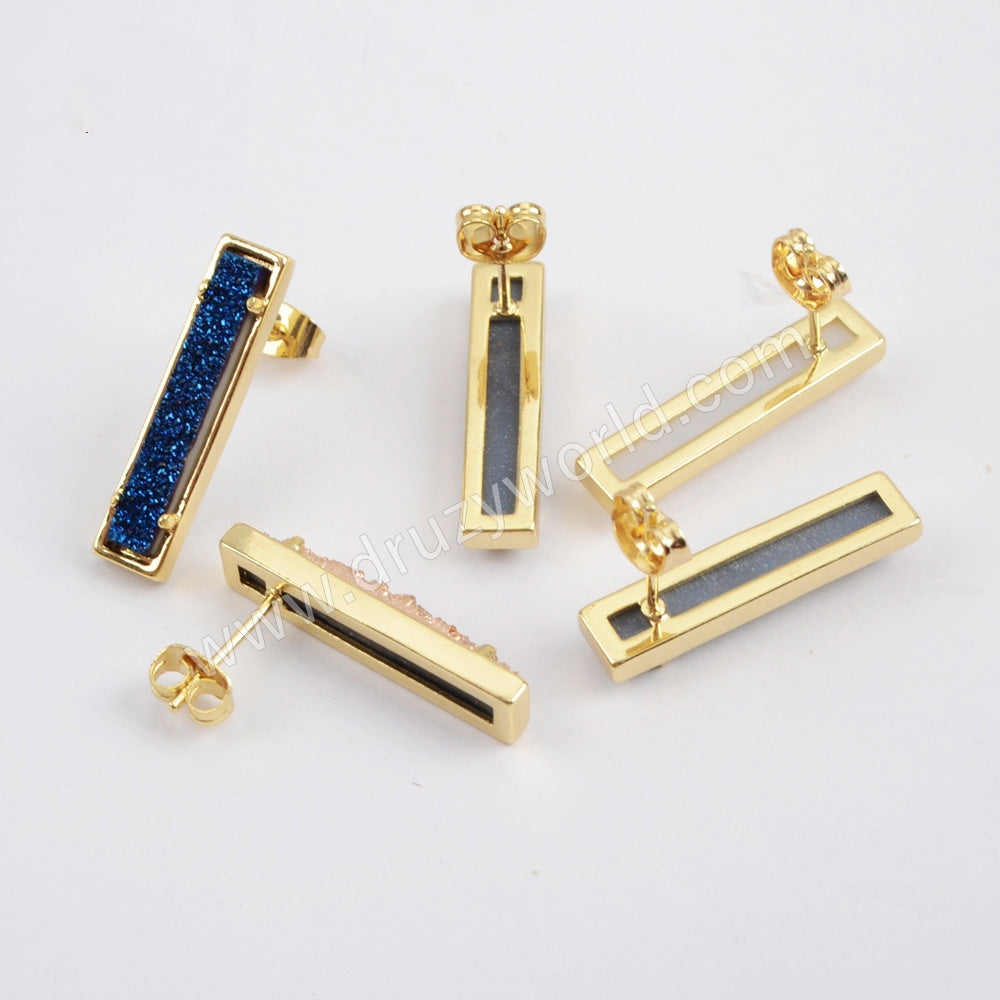 Gold Plated Bezel Rectangle Natural Agate Titanium Druzy Bar Earrings ZG0409