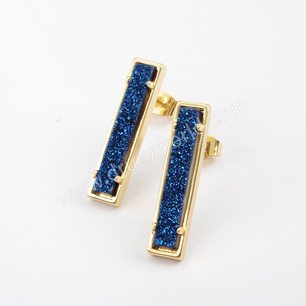 Gold Plated Bezel Rectangle Natural Agate Titanium Druzy Bar Earrings ZG0409
