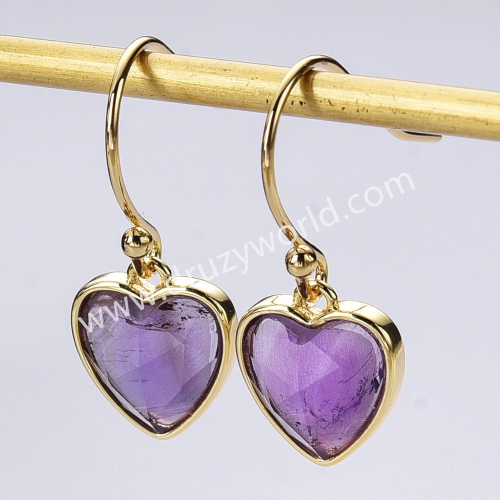 Gold Plated Bezel Heart Rainbow Gemstone Faceted Earrings ZG0510