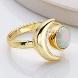 Gold Plated Bezel Round White Opal Druzy Crescent Moon Adjustable Ring ZG0511