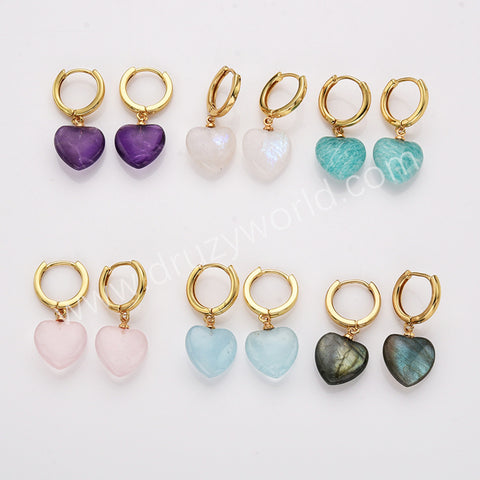 Gold Plated Amazonite Gemstone Heart Dangle Earrings, Healing Crystal Stone Jewelry Hoop Earrings ZG0512