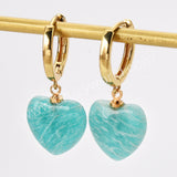 Gold Plated Amazonite Gemstone Heart Dangle Earrings, Healing Crystal Stone Jewelry Hoop Earrings ZG0512