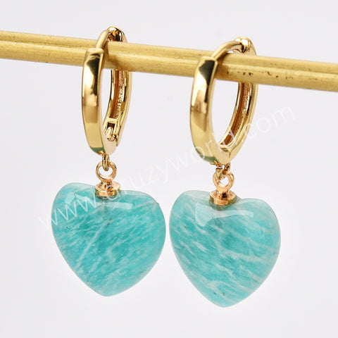 Gold Plated Amazonite Gemstone Heart Dangle Earrings, Healing Crystal Stone Jewelry Hoop Earrings ZG0512