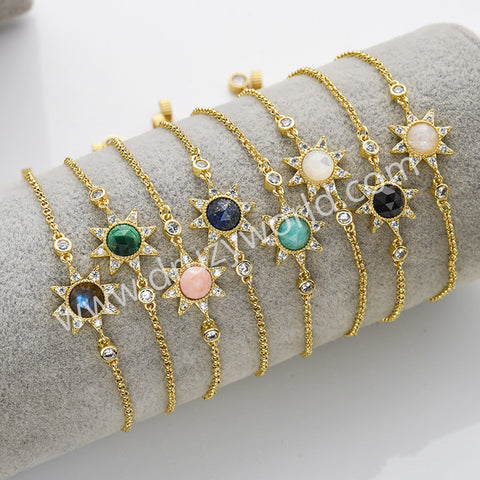 Gold Plated Bezel Star CZ Micro Pave Natural Crystal Stone Faceted Bracelet, Birthstone Bracelet, Lady Fashion Jewelry ZG0517