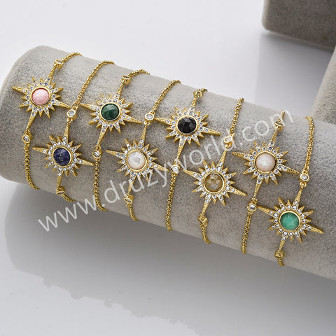 Gold Plated Bezel Natural Stone Faceted Adjustable Bracelet CZ Star Bracelet, Gemstone Women Fashion Jewelry ZG0518