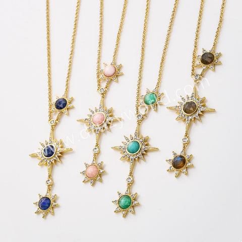 Three Gemstone Faceted Star Adjustable Necklace in Gold Plated, CZ Micro Pave, Boho Women's Jewelry ZG0520