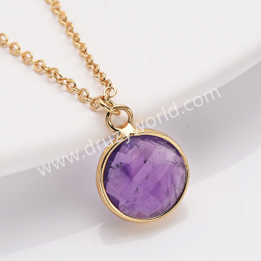 18" Gold Plated Circle Round Natural Stone Faceted Necklace, Gemstone Jewelry Necklace ZG0530-1