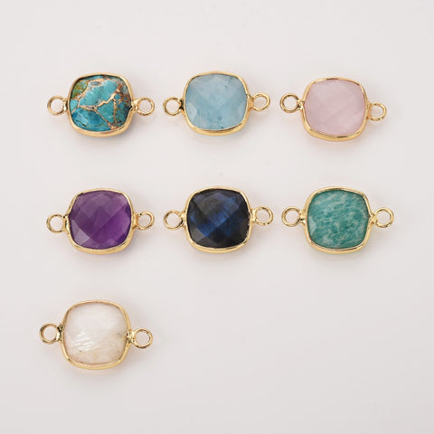 Square Natural Gemstone Gold Bezel Connectors, Faceted Crystal Connectors ZG0531-2-C
