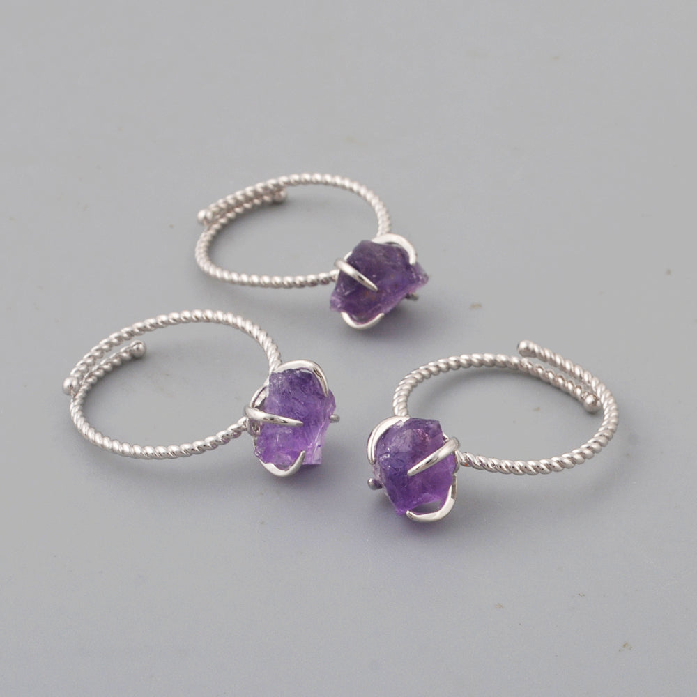 Silver Plated Claw Raw Gemstone Birthstone Ring, Healing Crystal Boho Jewelry ZS0453