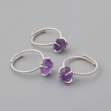 Silver Plated Claw Raw Gemstone Birthstone Ring, Healing Crystal Boho Jewelry ZS0453
