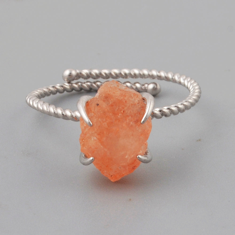 Silver Plated Claw Raw Gemstone Birthstone Ring, Healing Crystal Boho Jewelry ZS0453