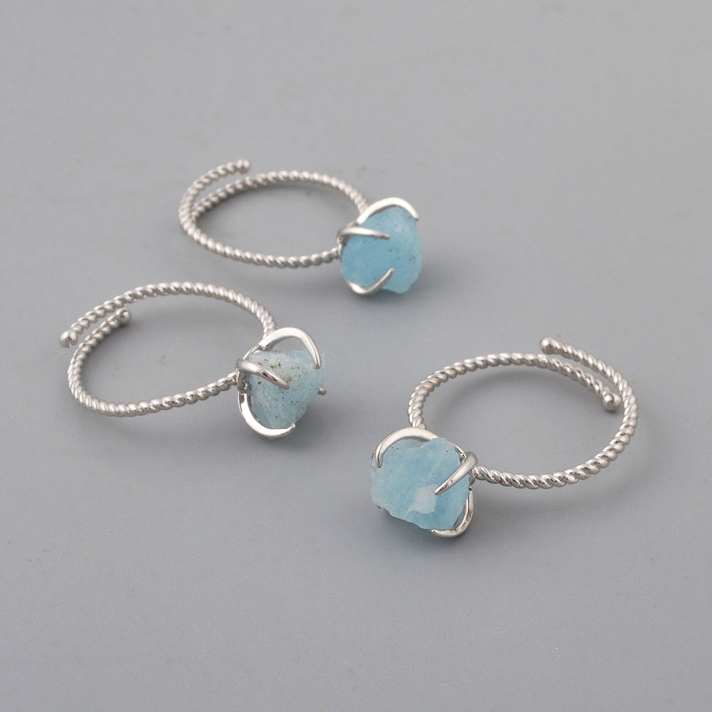 Silver Plated Claw Raw Gemstone Birthstone Ring, Healing Crystal Boho Jewelry ZS0453