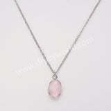 18" Silver Oval Rainbow Natural Stone Faceted Pendant Necklace,  Boho Gemstone Jewelry Necklace ZS0530-10
