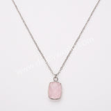 18" Silver Rectangle Gemstone Faceted Pendant Necklace, Rose Quartz Amethyst Jewelry Necklace ZS0530-8
