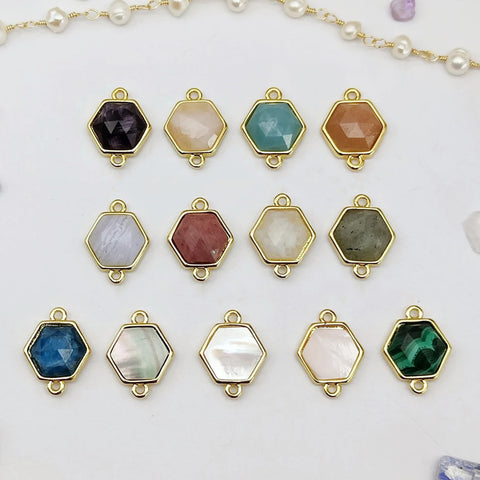 Hexagon Rainbow Natural Stone Faceted Gold Bezel Connector, For DIY Jewelry Making WX993