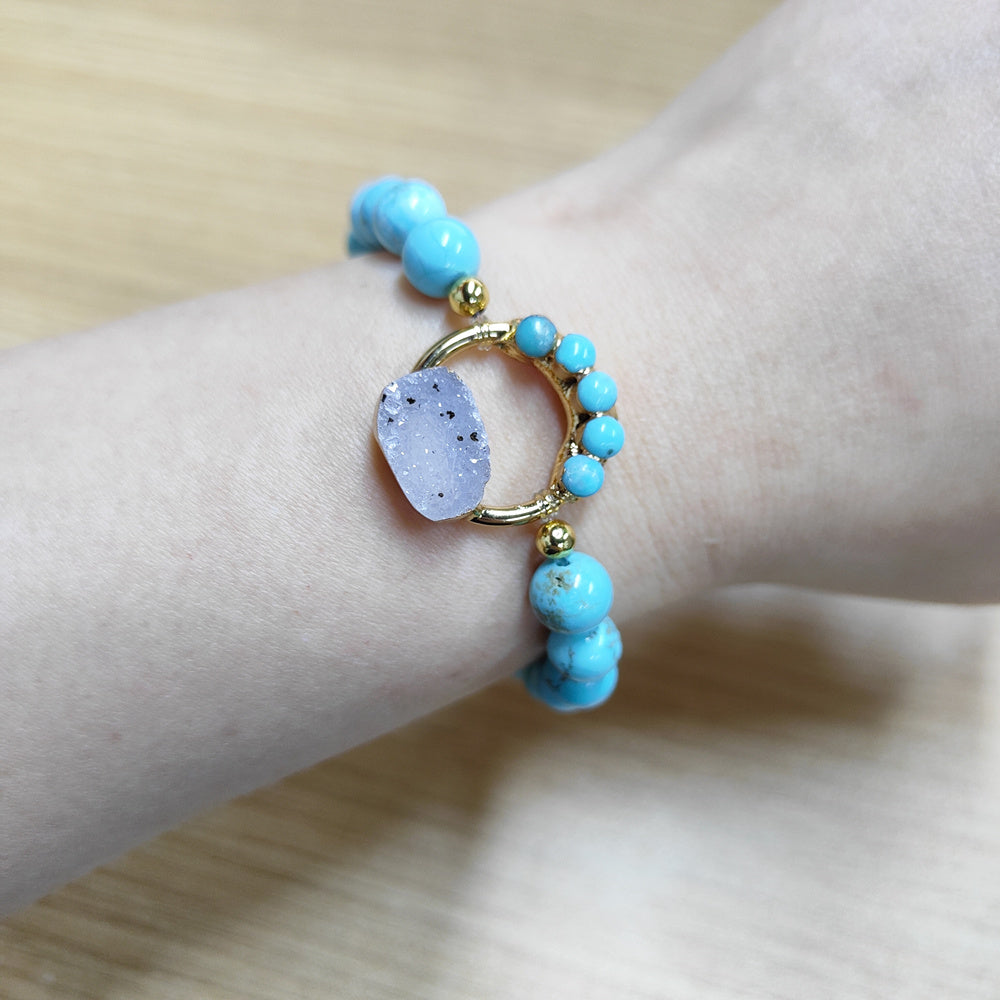 Unique Natural Druzy and Turquoise Circle Round Stretch Bracelet, 8mm Blue Howlite Beads, Boho Jewelry AL715