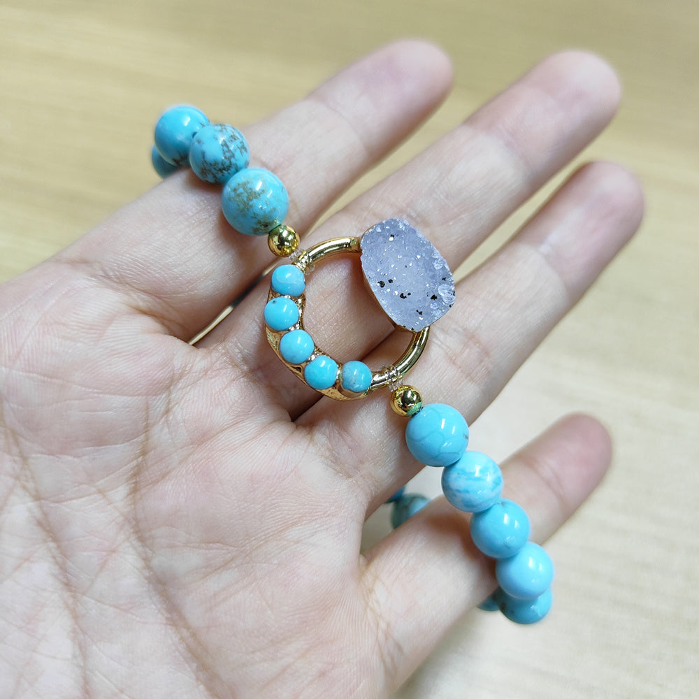 Unique Natural Druzy and Turquoise Circle Round Stretch Bracelet, 8mm Blue Howlite Beads, Boho Jewelry AL715